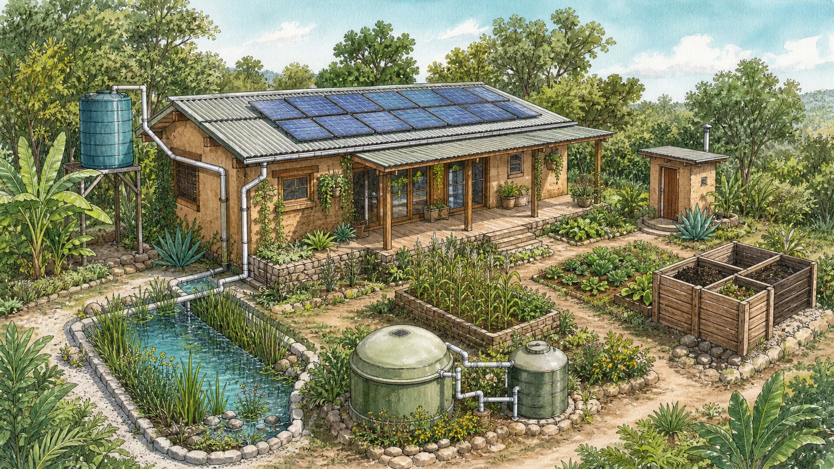 Ilustración de una vivienda con captación de lluvia, energía solar, biofiltro, huerto, composta, biogás y sanitario seco